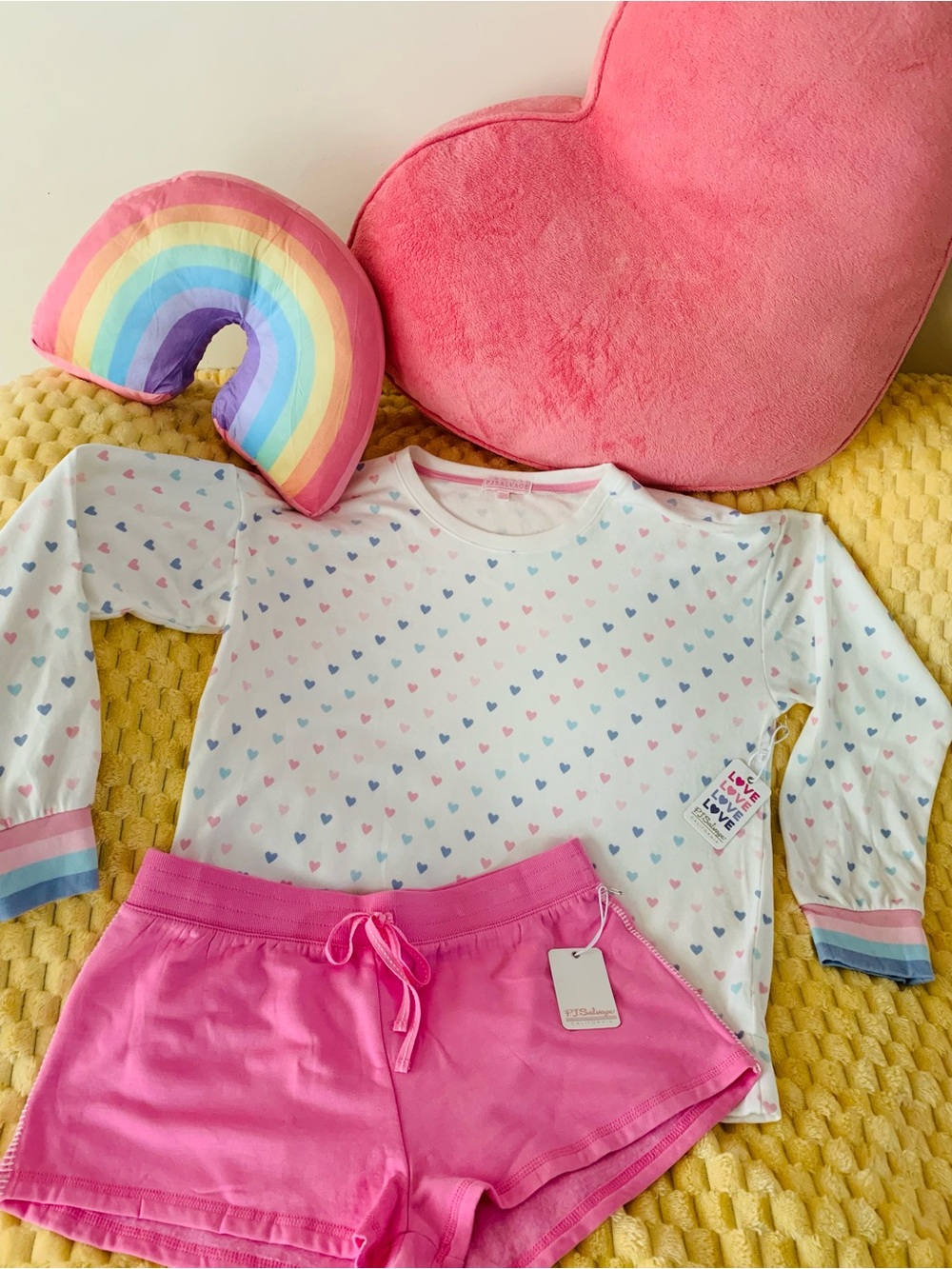 PJ Salvage Mad Love Pastel Heart and Candy Pink Shorts Loungewear Set Large NWT